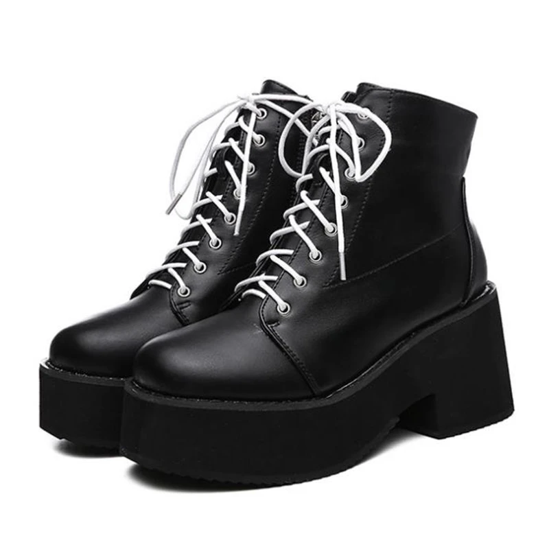 

Women Genuine Leather Ankle Boots Ladies Thick Heel Motorcycle Boots Solid Black Female Punk Platform Shoes