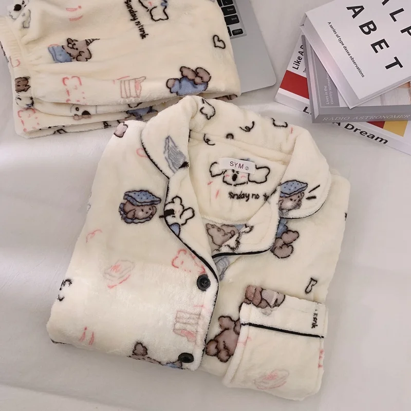 Coral Fleece Pajamas Women Autumn and Winter Fleece-lined Thickened Warm Flannel Cute Cartoon Plus size 00.00kg Homewear