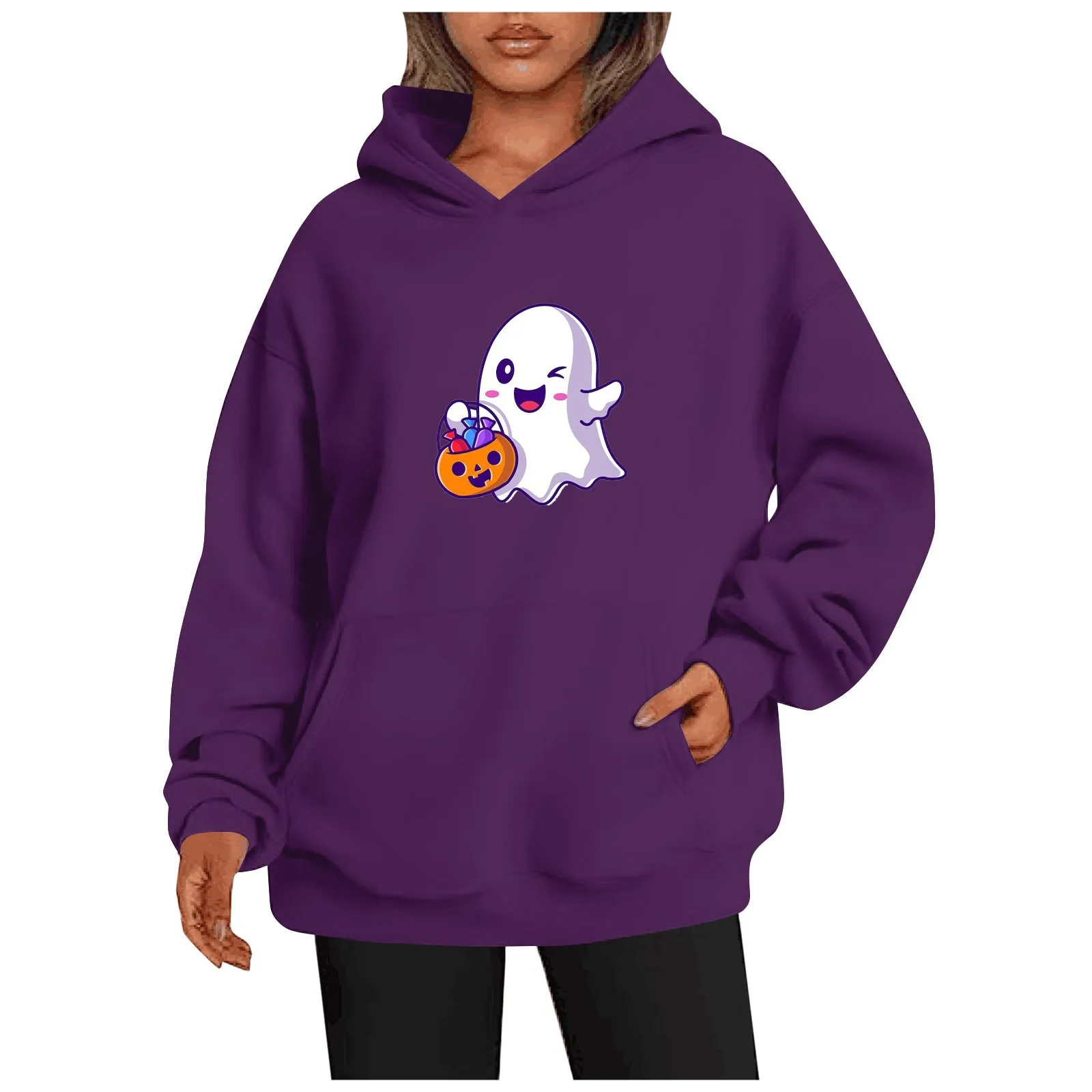 

Кавайная толстовка, Женский пуловер с капюшоном и принтом призраков и эльфов на Хэллоуин, повседневный Топ с длинным рукавом, Повседневная Толстовка, толстовки в стиле Харадзюку