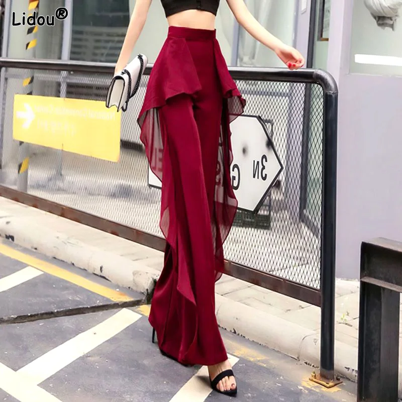 

Women's Clothing 2022 Solid Patchwork Ruffles Zippers Spring Summer Thin Wide Leg Pants Elegant Fashion Loose Sexy High Waist