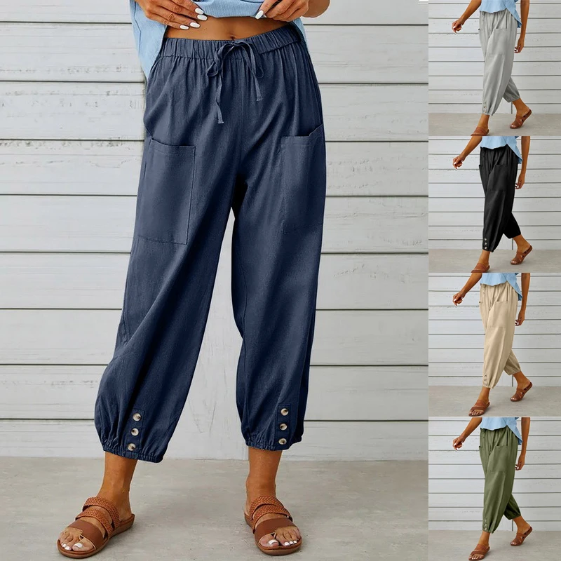 

Брюки женские широкие на пуговицах, модные Свободные повседневные штаны с карманами, на шнуровке, с эластичным поясом, в простом стиле, на девять четвертей