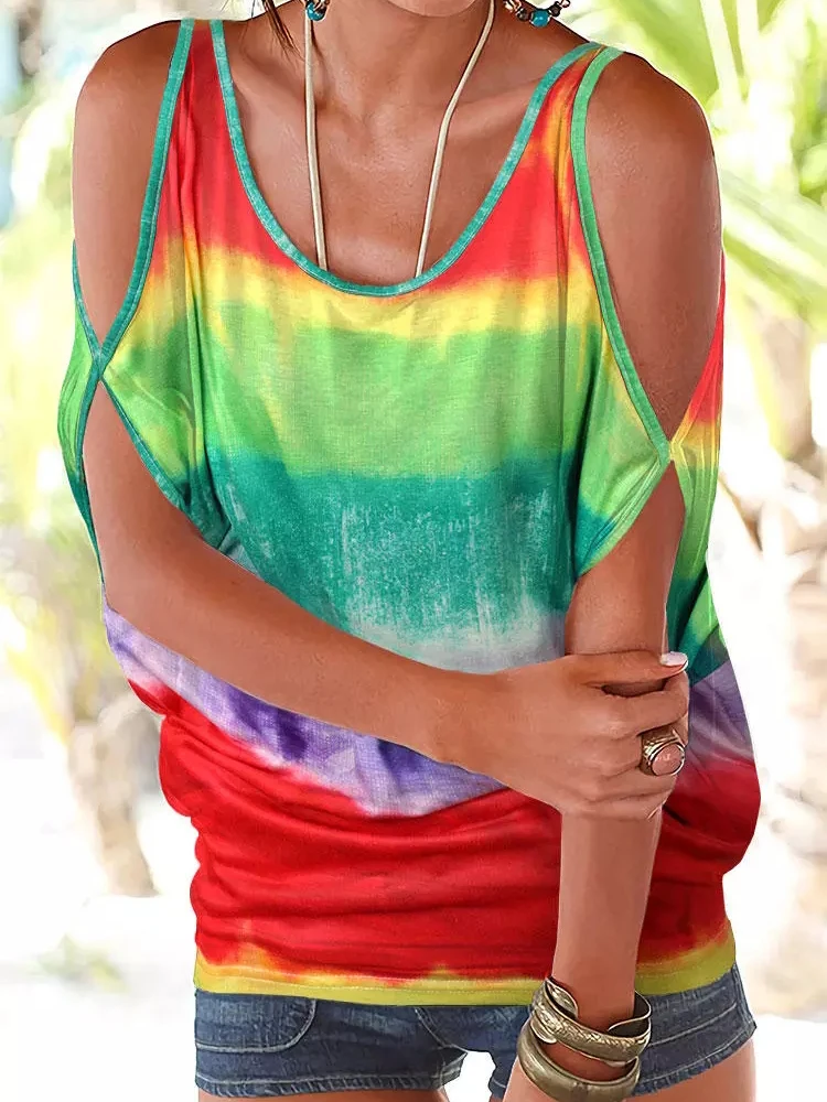

Women T shirt Off The Shoulder Multicolor Gradient Off-the-Shoulder Short-Sleeve Sexy Vintage Top Tank Summer Fashion Female