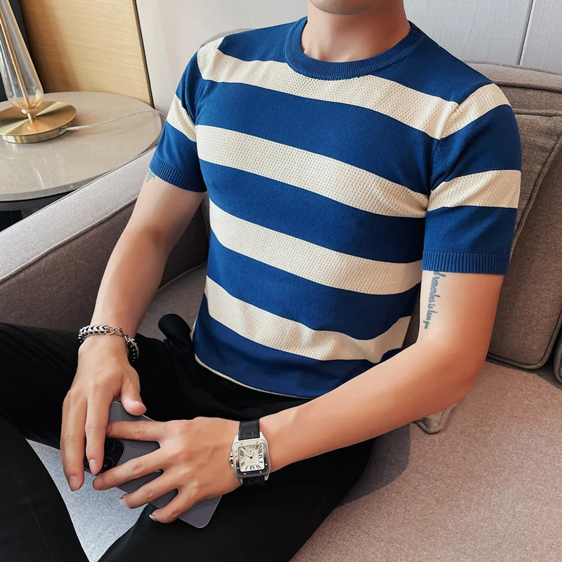 

Summer Short Sleeve Stripe T-Shirt Men Fashion Hollow Out Plaid Knitted Casual T-shirt Breathable Round Neck Tee Top Streetwear