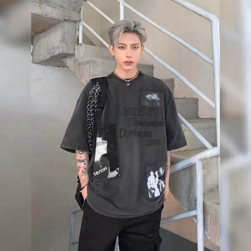 

High Street Retro Water Washing Ash Short-sleeved T-shirt Male 2022 Summer New Loose Couple Tide Card Cloth Loose Jacket