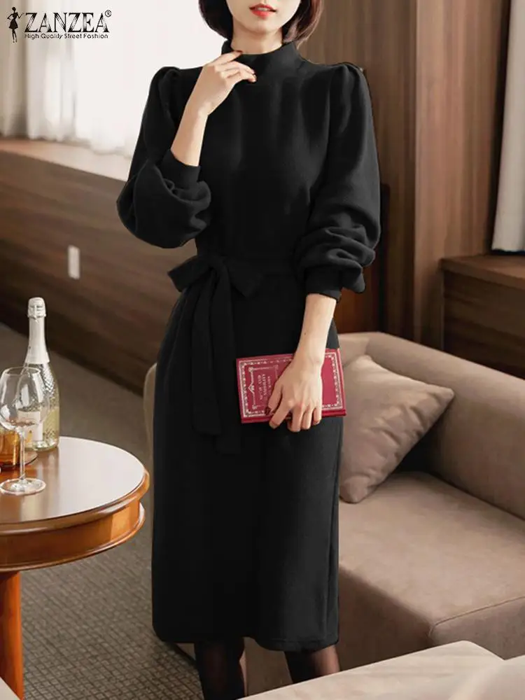 

Женское флисовое платье ZANZEA, повседневное модное однотонное зимнее платье-миди с воротником-стойкой, винтажное платье с поясом и длинным рукавом, 2023