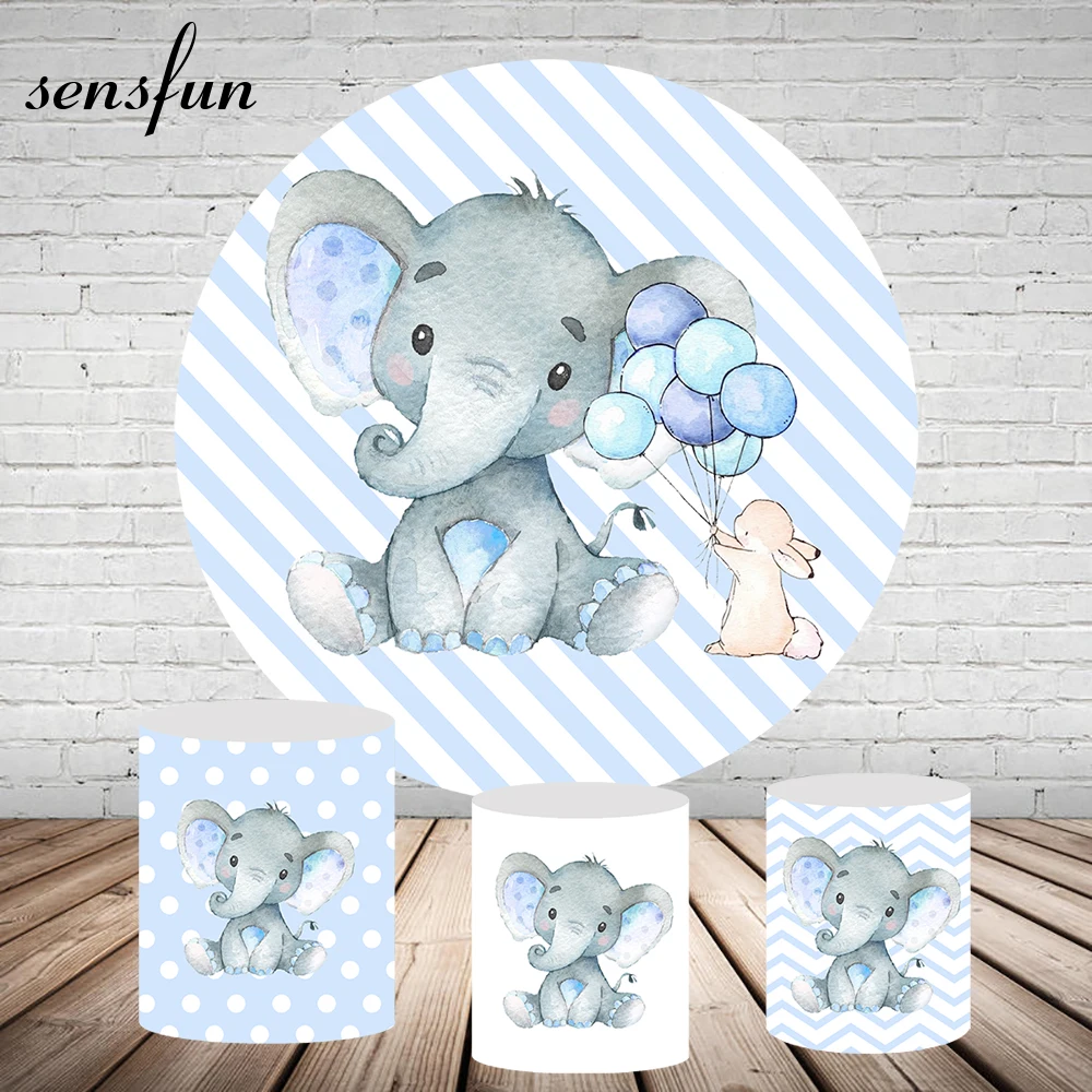 

Baby Shower Elephant Round Backdrops Cover White Blue Striped Boys 1st Birthday Party Circle Background Table Plinth Covers