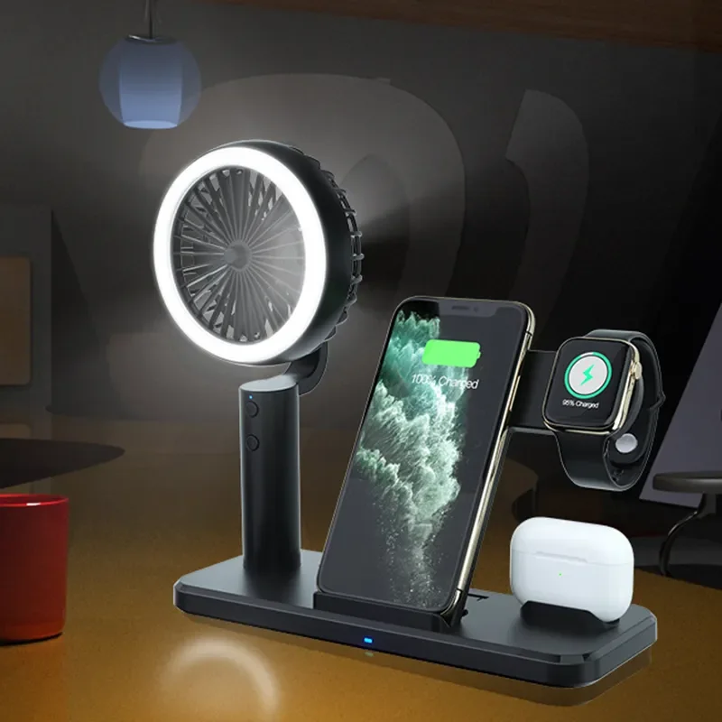 

Складное Беспроводное зарядное устройство 3 в 1 для Iphone 11 12 13 Xiaomi Huawei Samsung, портативный вентилятор, ночник, быстрая Беспроводная зарядка