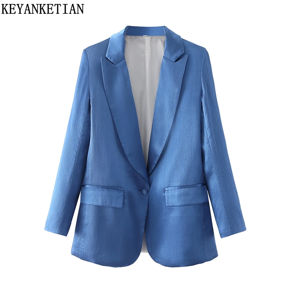 

KEYANKETIAN 2022 spring and autumn new textured texture one button slim blue small suit ladies commuter suit jacket
