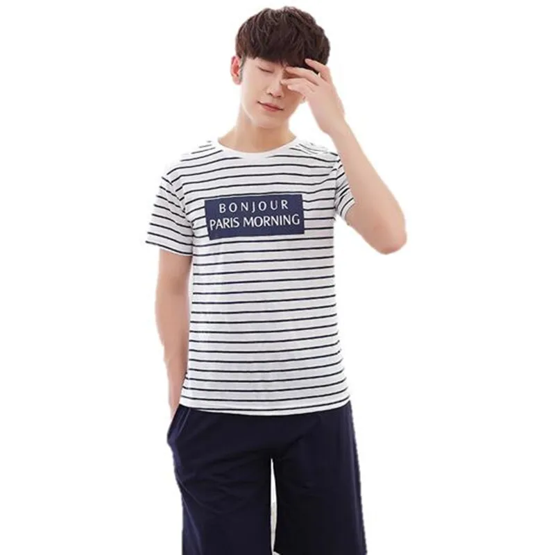 

Plus Size L-4XL Men Pajama Set Cotton Striped Short Sleeve Leisure Male Sleepwear Suits Nightwear Men Pijamas