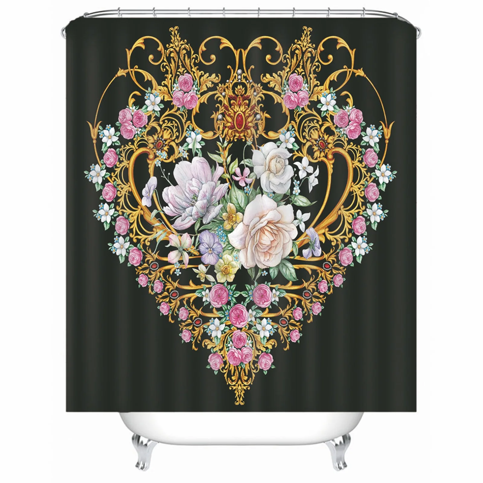 

Shower Curtain Polyester Heart Flower Black Mold And Mildew Resistant Waterproof For Bathroom With Rustproof Grommets Hooks