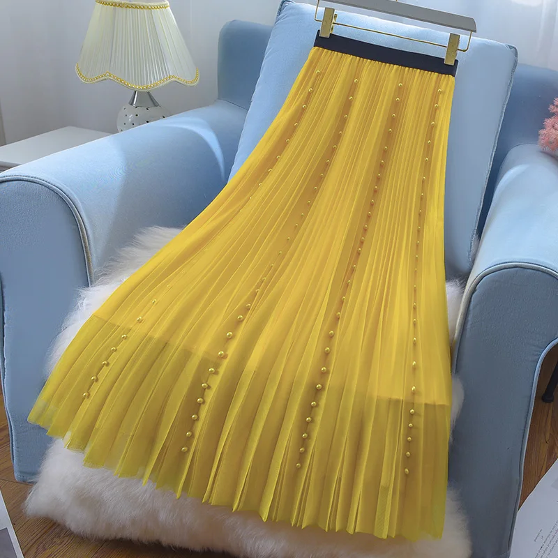 

Beaded Tulle Skirt for Women Spring and Summer 2022 New High Waist Mid-Length Large Swing Elegant Faldas Largas Green Yellow