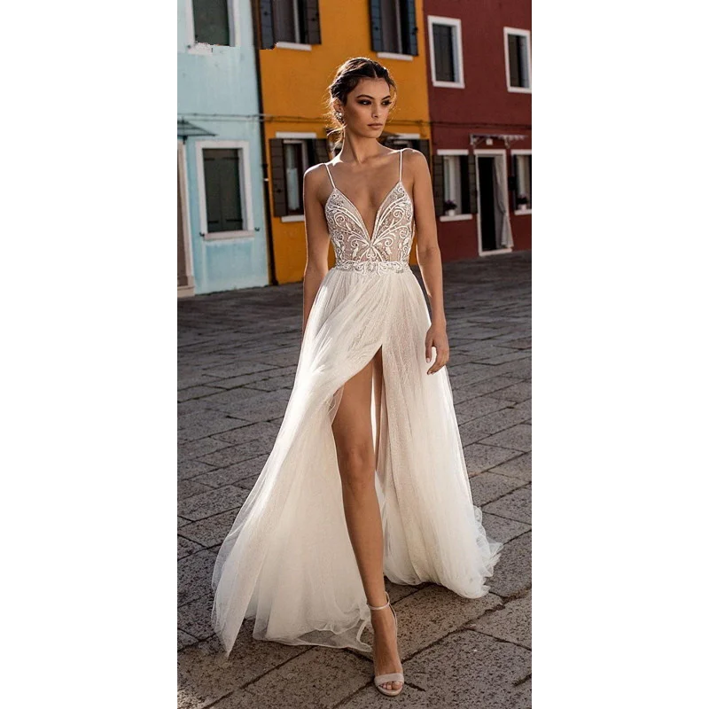 

13518 # ТРАПЕЦИЕВИДНОЕ свадебное платье на тонких бретельках без рукавов с V-образным вырезом и открытой спиной