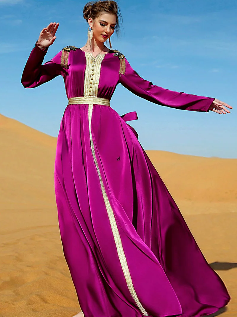 Women Gown Long Dress Moroccan Party Caftan Rhinestones Satin Evening Abaya Belted Muslim Dubai Islam Turkey Ramadan Eid Kaftan