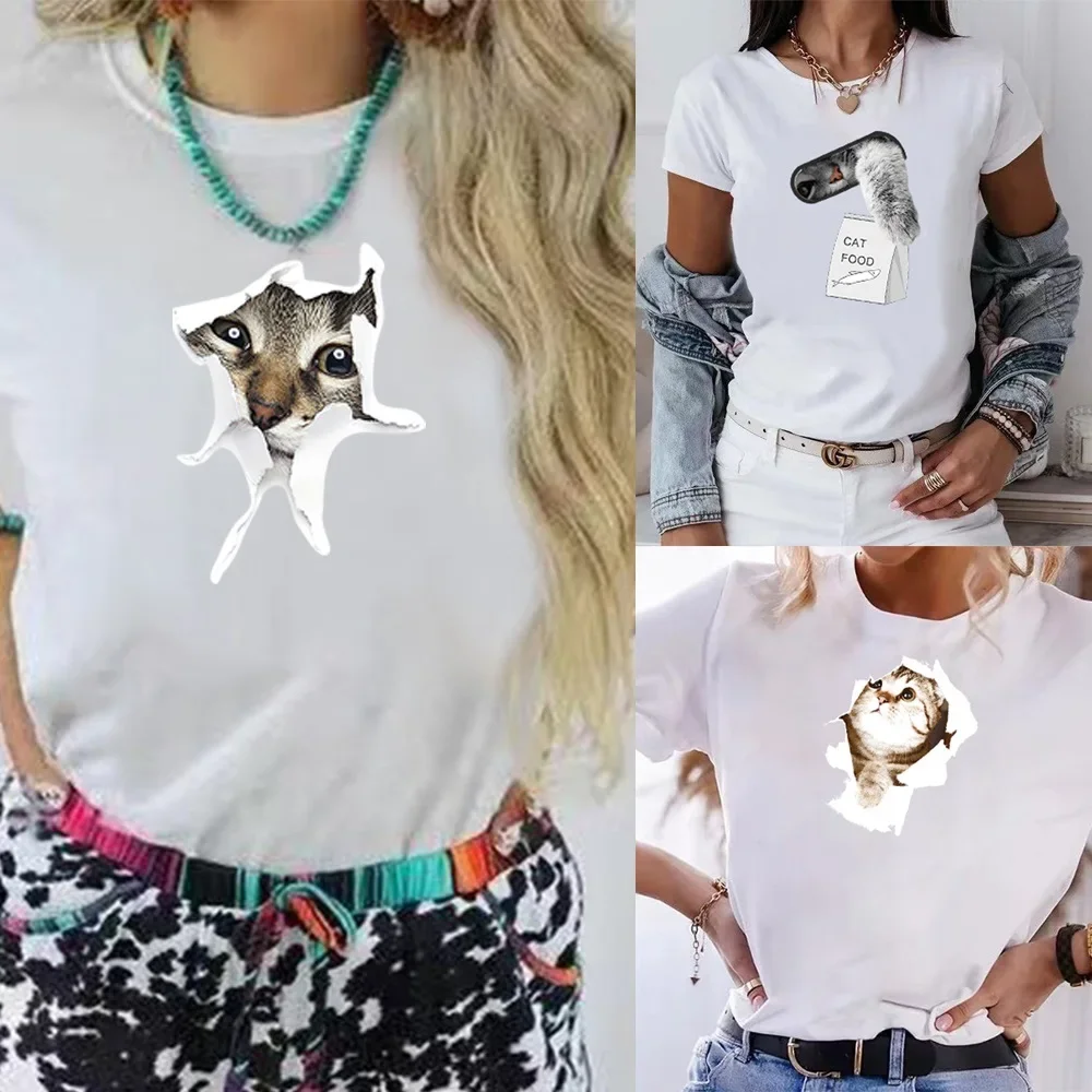 

Женская Повседневная футболка в стиле Харадзюку, модная свободная футболка с круглым вырезом и принтом кота, топы с коротким рукавом, растягивающаяся летняя Домашняя футболка, 2023