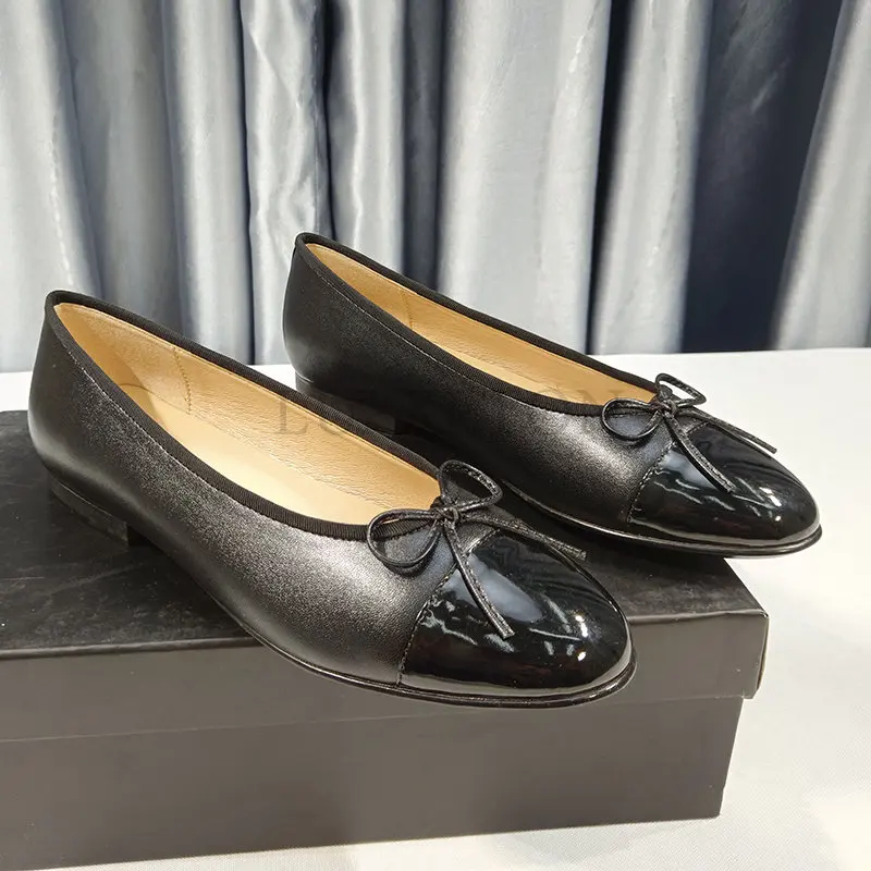 Designer Shoes Women Genuine Leather Bowknot Flats Single Fashion Lady Round Toe Light Loafers Ballet Zapados Mujer Size 34-42