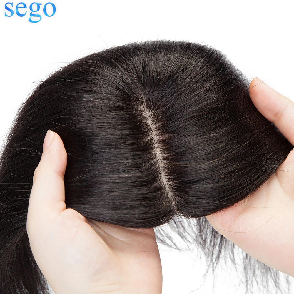 SEGO-Base de seda para mujer, 10x12cm, 2,5x9cm, 100% piezas de cabello humano, 4 Clips en extensiones de cabello
