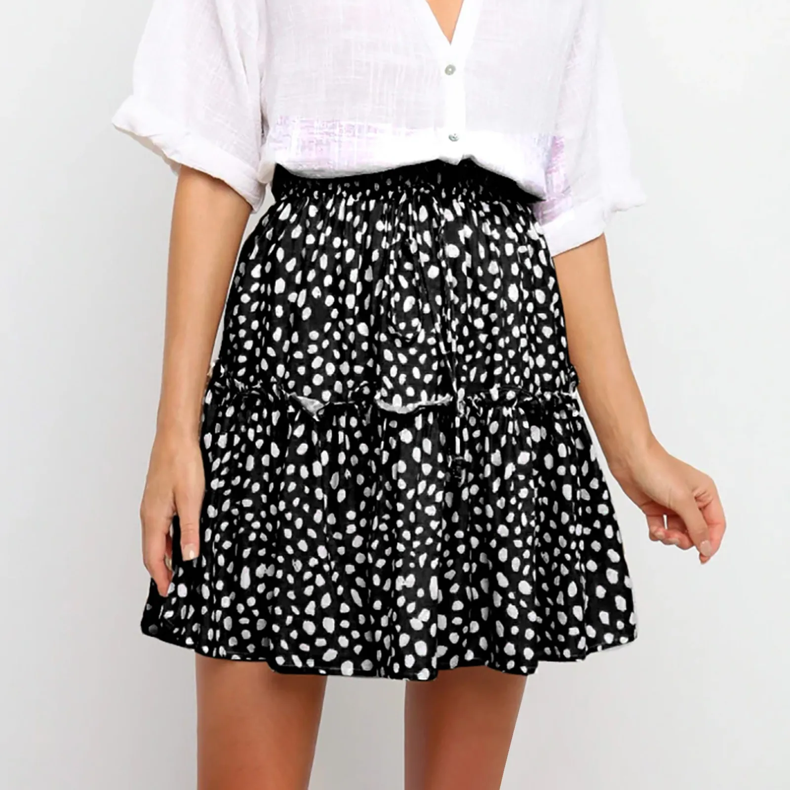 

Women's Summer High Waist Ruffle Tiered Short Skirt Floral Print A Line Polka Dot Beach Skirt Casual Mini Skirts Female Bottoms