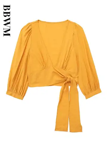Bow Crop Top Women Fashion Wrap Blouse Chic Female Summer Vintage Three Quarter Sleeve Tops 2023 Yellow Shirts and Blouses