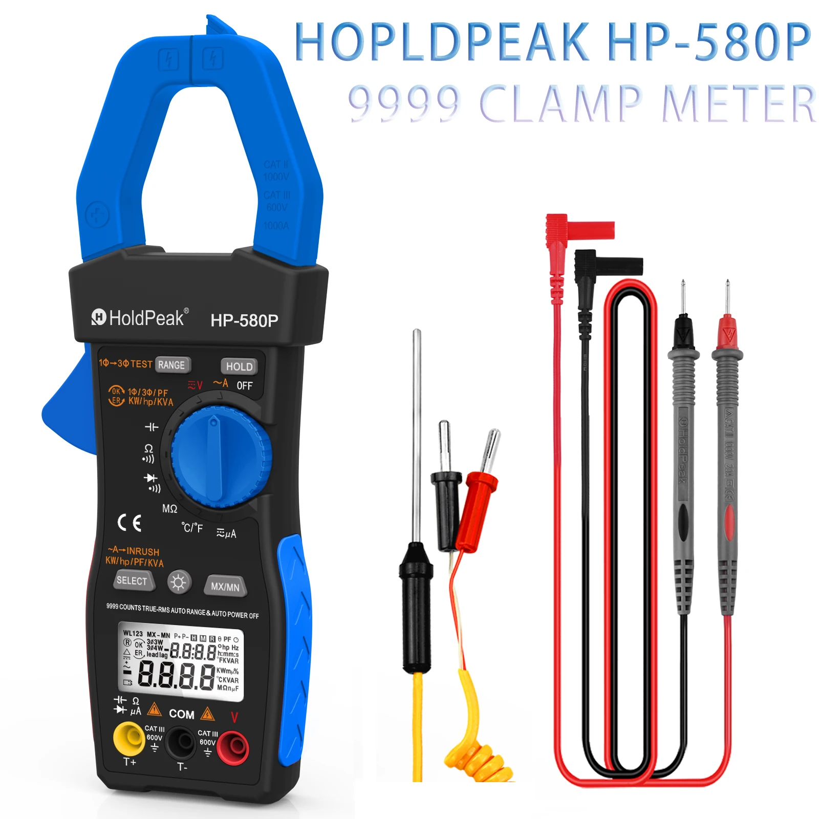 HOLDPEAK HP-580P 1-Phase/3-Phase Clamp Meter 9999 Display Power Tester Meter In-Rush Current,True RMS,ACV,ACA,KW,KVA,for HVAC