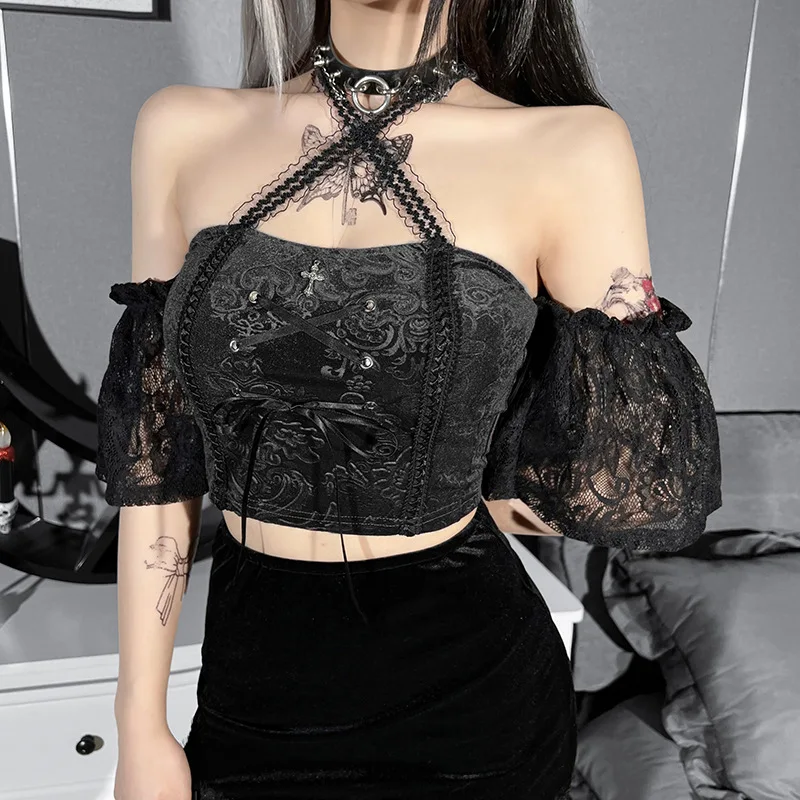 

Y2k Goth Dark Lace Patchwork Gothic T-shirts Grunge Bandage Front Black Emo Crop Tops Women Bodycon Egirl Streetwear Clothes