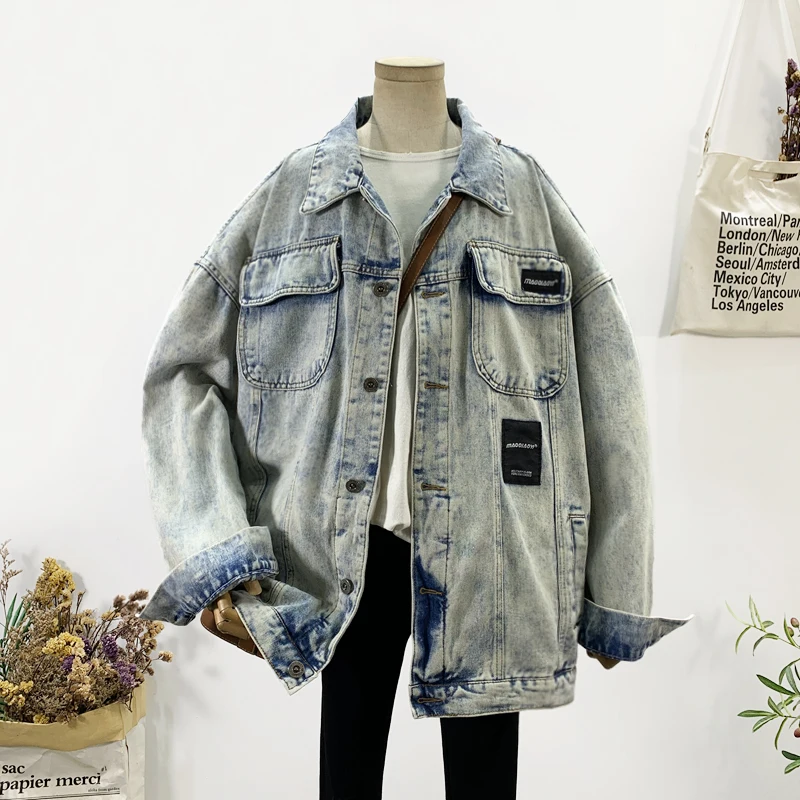 

Vintage Blue Mid Long Big Pocket Denim Jacket Women Loose Casual Cowboy Outerwear Spring Autumn Patch Design Jeans Jacket Female