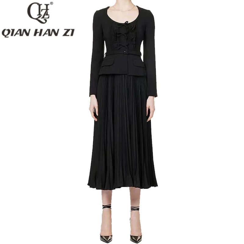QHZ designer fashion dress autumn winter womens long sleeves bow belt slim coat splicing pleated retro party midi dress