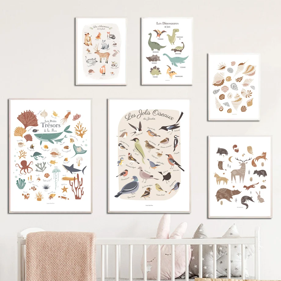 

Dinosaur Bird Fish Car Marine Life French Alphabet Art Nordic PostersCanvas Painting Prints Wall Pictures For Kids Room Decor