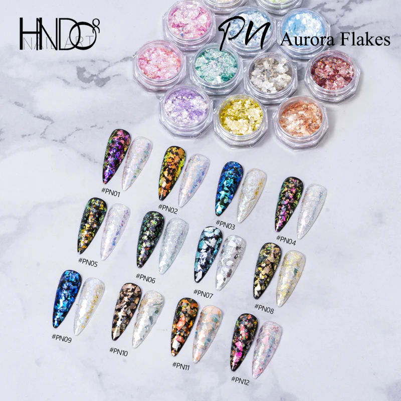 HNDO красочный Аврора опал фотоискусство Блестящий Радужный для профессионального маникюра несимметричные хлопья порошки Дизайн Серии PN