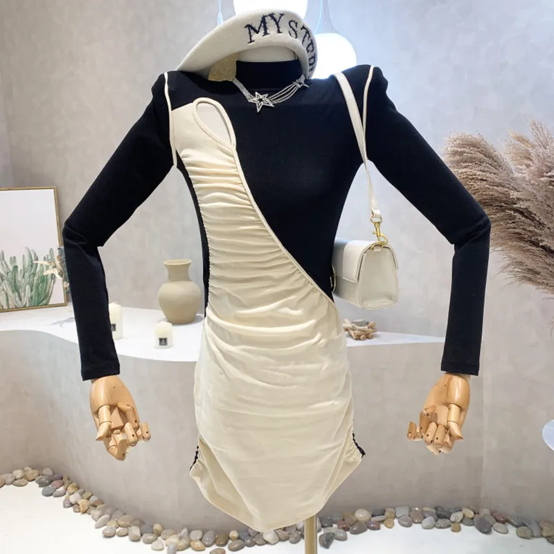 

Niche Design New Women's Clothing 2022 Spring Versatile Girl Hollowed Out Color Matching Long Sleeved Pleated Wrap Hip Dress