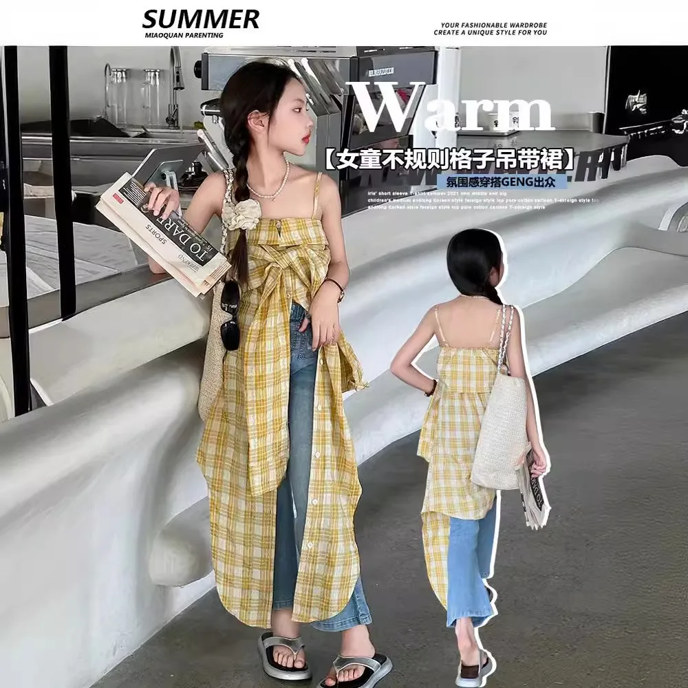 Платье для девочек в Корейском стиле Новинка лета 2024 клетчатый сарафан без