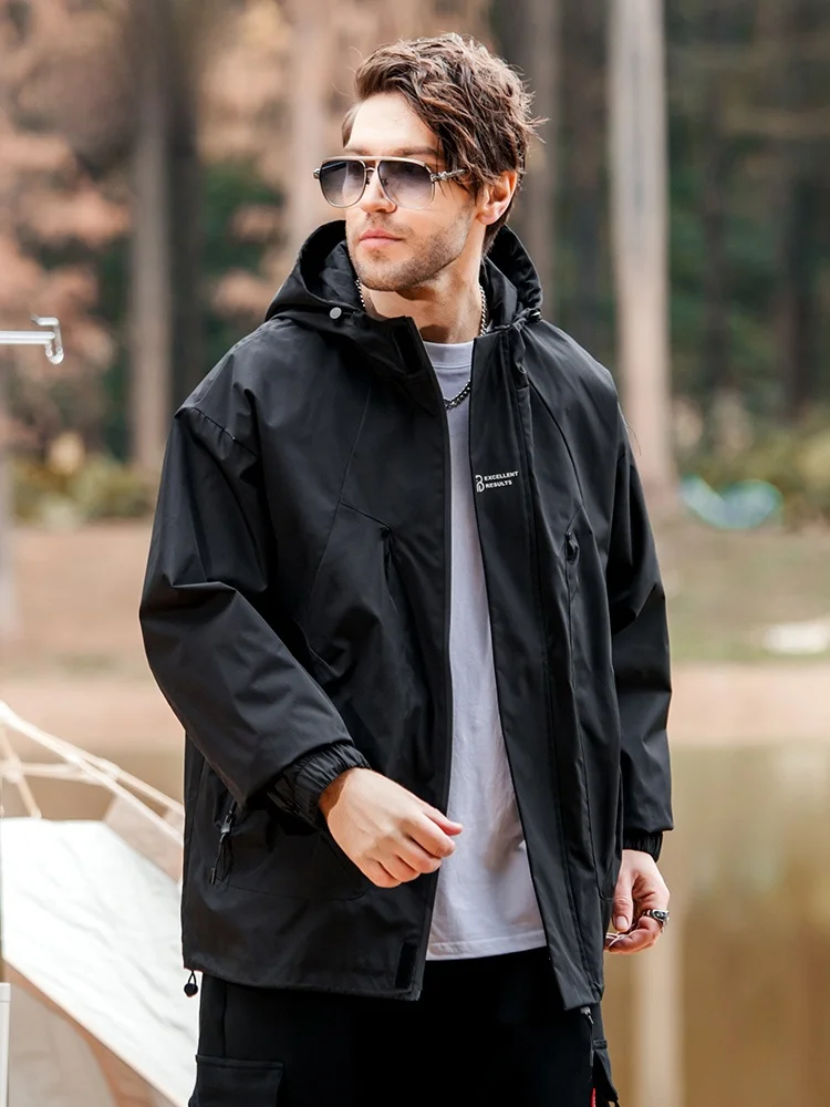 Faxika Plus size Men's Outdoor Hood Jacket Fat plus Size Spring Loose Windproof Waterproof Outerwear Tide