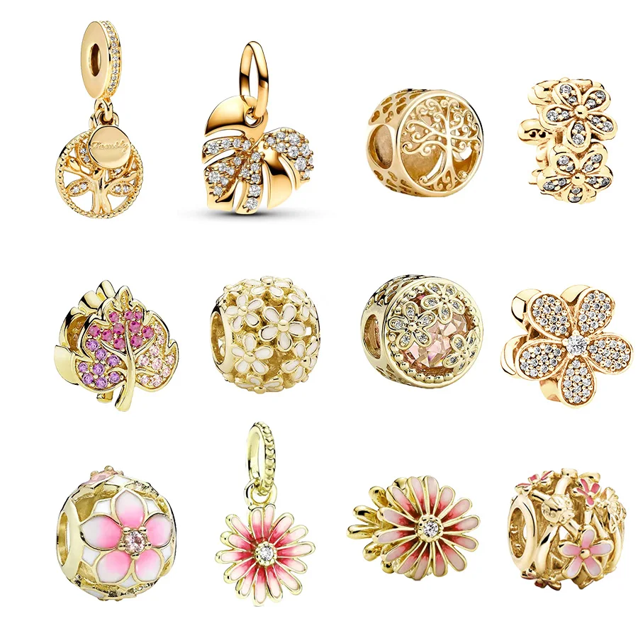 Золотые бусины Monstera и розы для серебряного браслета 925