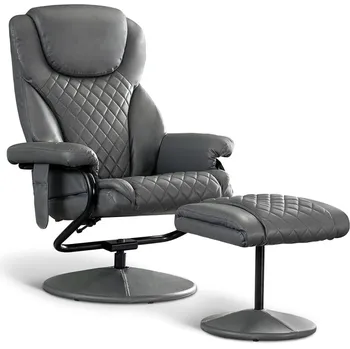 Chaise Lounge Faux Leather Swivel Massage Recliner w/ ottoman - Grey Modern Nordic Living Room Furniture  Armchair