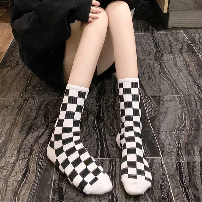 

Harajuku Knee High Socks Gothic Lolita Novelty Checkerboard Nylons Woman High Stocking Chausette Femme