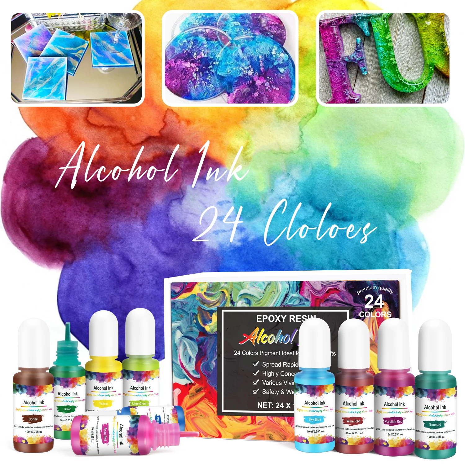 24Bottle/Set 10ml Resin Pigment Kit Candle Soap Art Ink Alcohol Colorant Dye Diffusion For UV Epoxy DIY Jewelry Making |