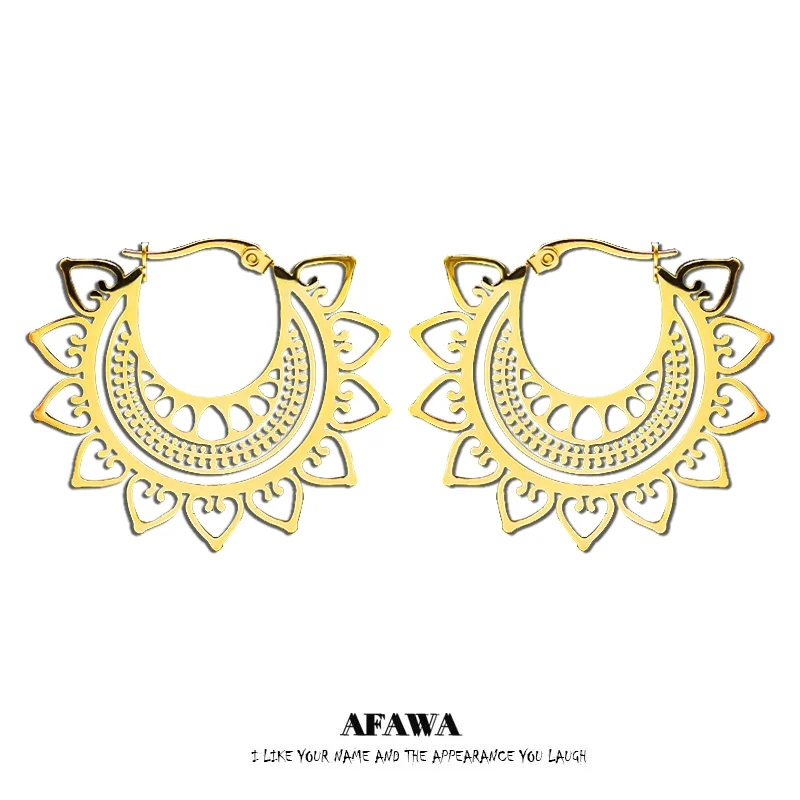 

India Gypsy Tribal Ethnic Mandala Stainless Steel Earrings Women Gold Color Lotus Flower Hoop Earrings Jewelry aretes E9354S01