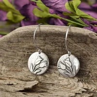 trendy round carving rose flower earrings vintage silver color metal plant blossom embossing hook dangle earrings for women