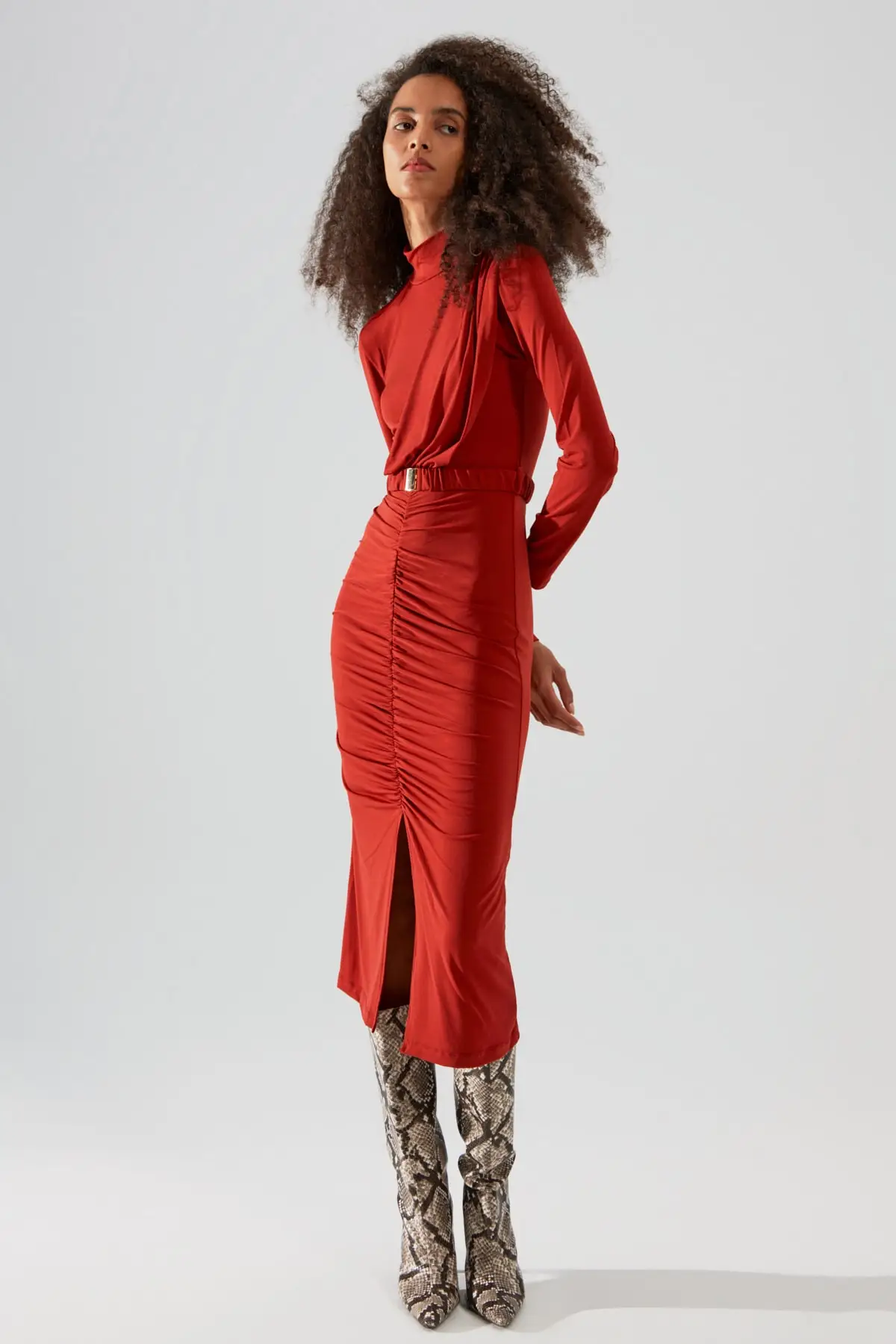 

Tile Seamless Neck Belt Knitted Dress TWOAW22EL0434 Long Orange Standard Plain Midi Polyester Blended Sandy Design