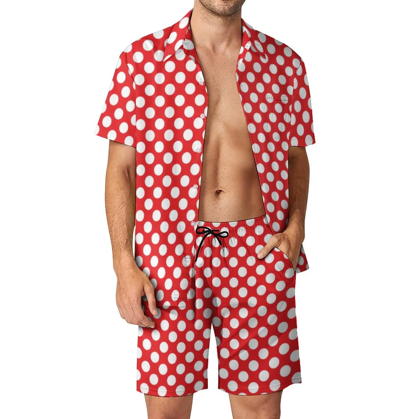 

White And Red Polka Dot Men Sets Vintage Spot Print Retro Casual Shirt Set Short Sleeve Custom Shorts Summer Beach Suit Big Size