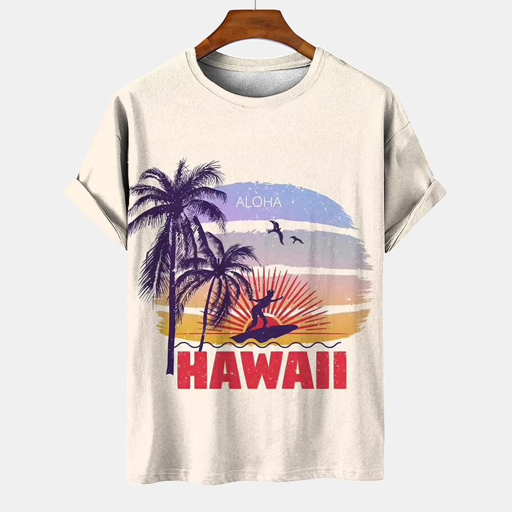 

Summer Casual T-shirt Hawaiian Fashion Coconut Tree Sunset 3D Printing Short Sleeve Beach Harajuku Oversized Men's Clothing