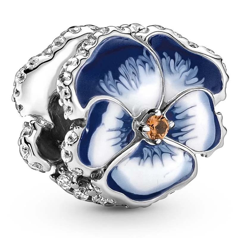 

Authentic 925 Sterling Silver Moments Blue Pansy Flower With Crystal Charm Bead Fit Pandora Bracelet & Necklace Jewelry