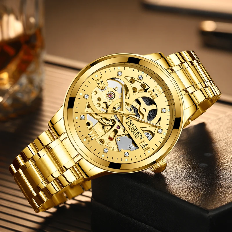 

FNGEEN Luxury Brand Mens Watches Fashion Gold Strap Skeleton Dial Mechanical Watch 30M Water Resistant Steampunk Reloj Hombre