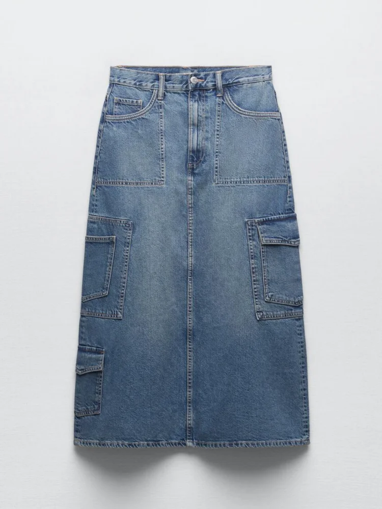 

PB&ZA 2023 Women's New Fashion Tooling Skirt Women's Retro Pocket High Waist Denim Long Skirt 8197990