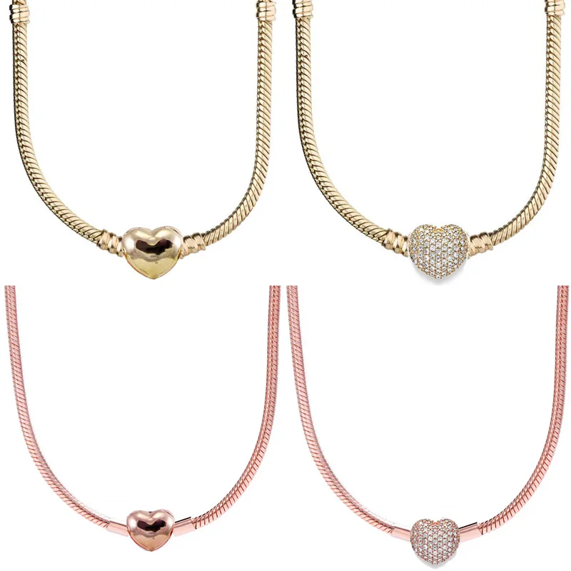 

Original Rose Gold Pave Heart Clasp Snake Chain Necklace For fashion DIY Jewelry 925 Sterling Silver Bead Charm