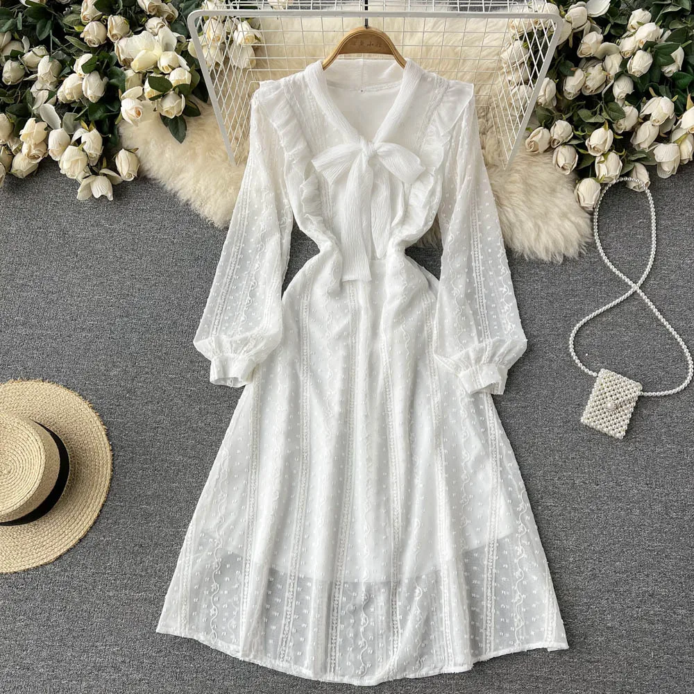 

Aibeautyer New Casual Spring Autumn Solid Slim Lady Full Dress A Line V Neck Chiffon Pullover Mid-Calf High Waist Women Dressses