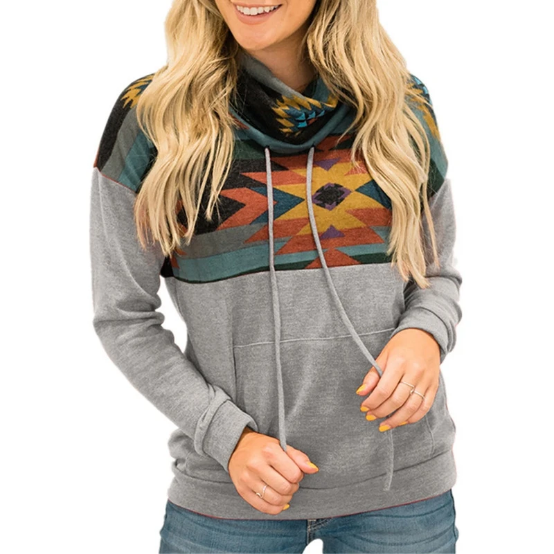 

Women'S Fashion Casual Loose Print Ethnic Style High Neck Long Sleeve Hooded Sweater