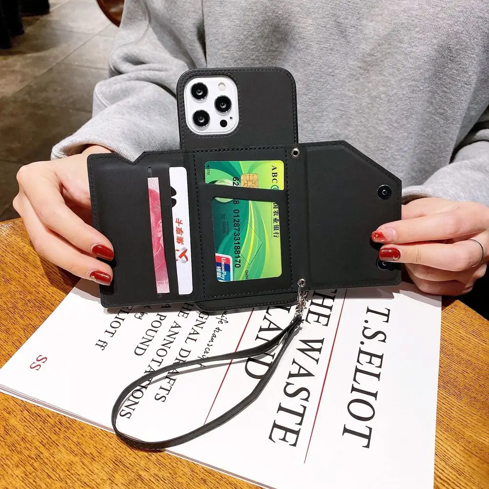 Phone Case with Card Holder for iPhone 14 13 12 Mini SE2 11 Pro Max XR XS 7 8Plus TPU Shockproof Back Cover Leather Lanyard Etui