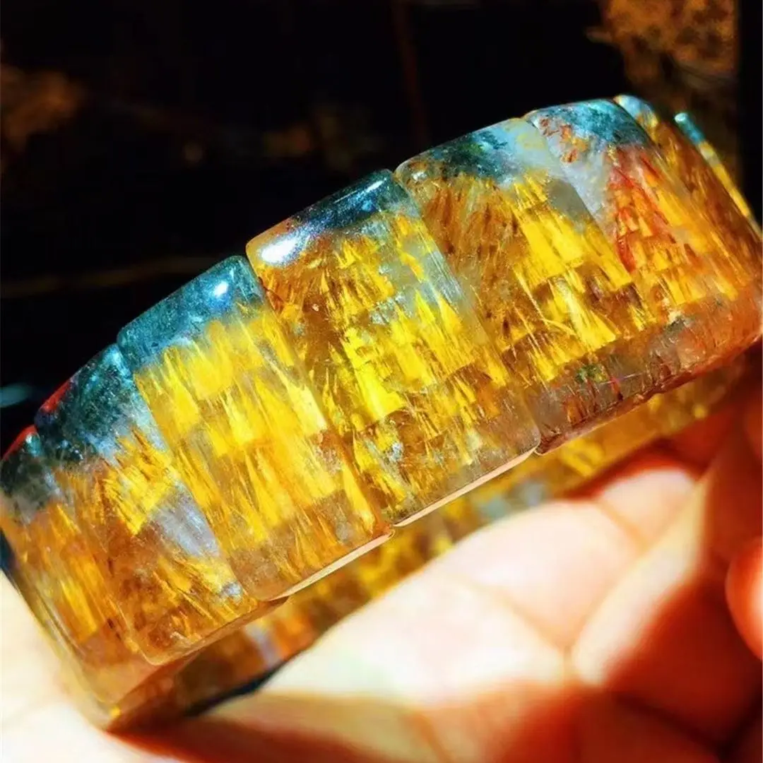 

Natural Auralite 23 Gold Rutilated Quartz Bracelet Bangle Jewelry For Women Man Gift Crystal 20x10mm Beads Stone Strands AAAAA