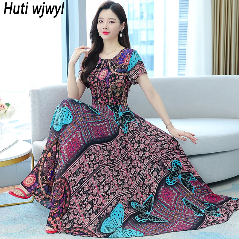 

Women Boho Floral Chiffon Maxi Dress Summer Short Sleeve Elegant Bodycon Casual Beach Sundress 2023 Vintage Party Night Vestidos