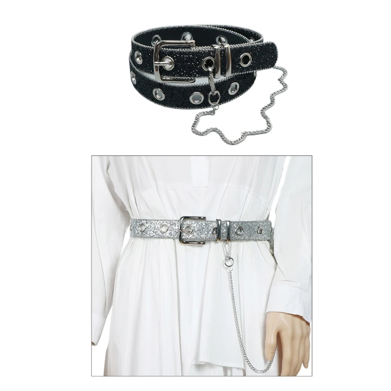 

L93F Women Faux Leather Belt for Jeans Pant Sparkly Fashion Single Grommet Waist Belts with Chain Casual Accessoreis